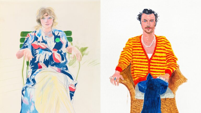 Celia, Carennac, August 1971 and Harry Styles, 31st May 2022, both by David Hockney (Images: Richard Schmidt. Collection The David Hockney Foundation/Jonathan Wilkinson, Collection of the artist)