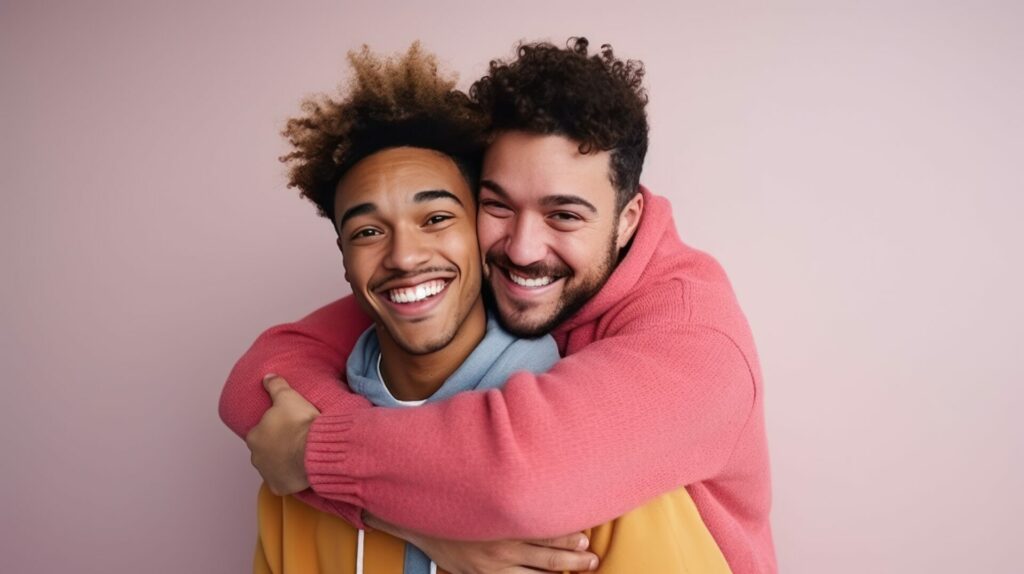 Stock photo of two men hugging and smiling