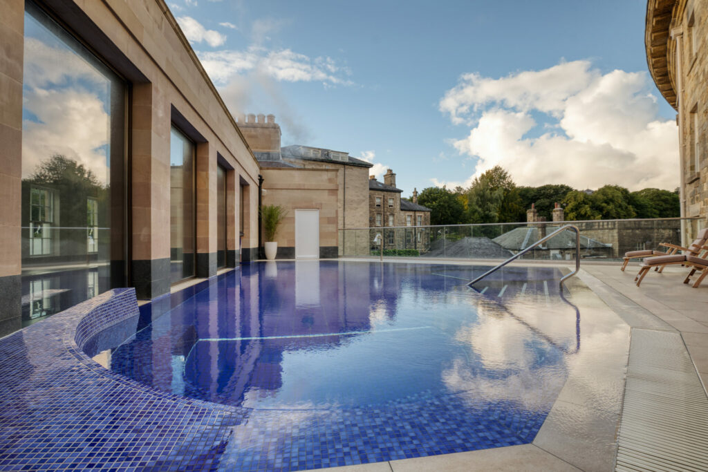 An outdoor rooftop pool