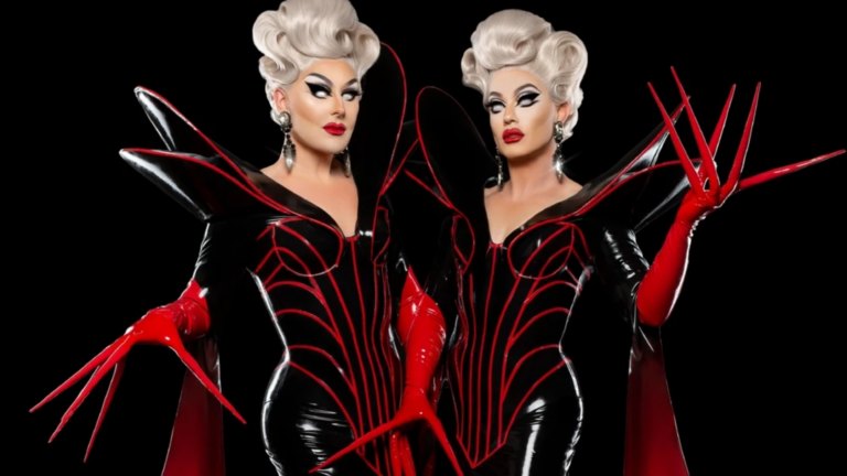 The Boulet Brothers dressed in black latex with red gloves