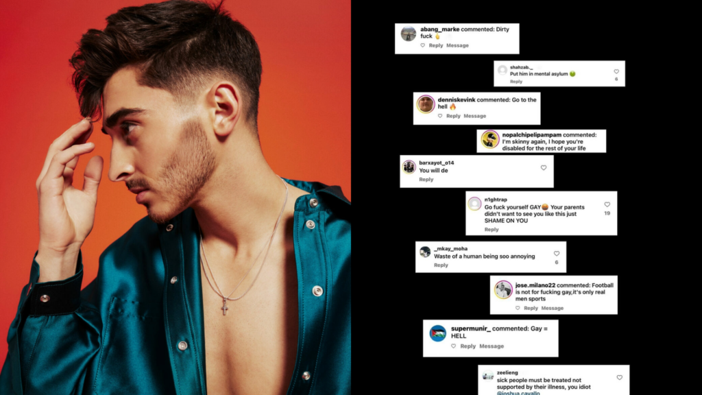 Composite of Josh Cavallo and screen shots of abusive social media comments