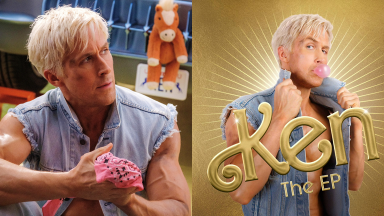 Composite of Ryan Gosling as Ken and the cover of the Ken EP