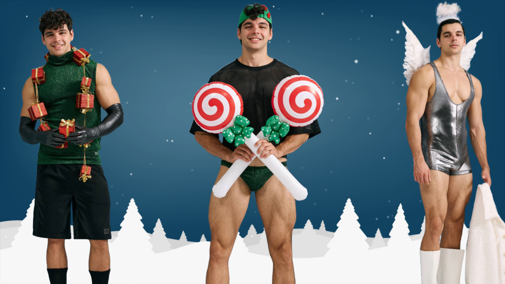 Stylised header of a three shots of a male model wearing festive clothing against a snowy backdrop
