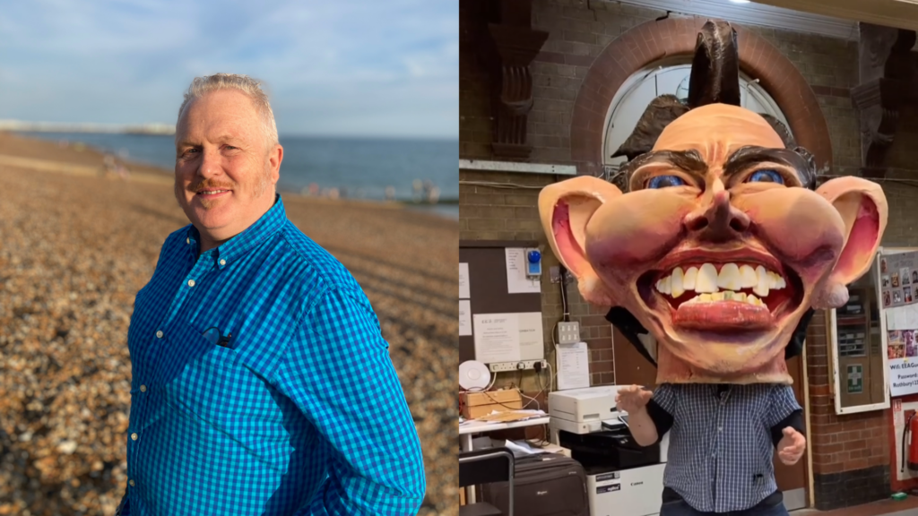 Composite of a white man standing on Brighton beach smiling and a puppet of Tony Blair