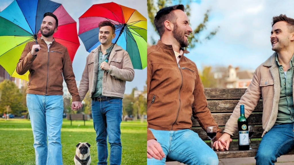 Composite image: Two men hold hands while holding rainbow coloured umbrellas with a small dog standing at their feet; The same two men sit on a bench in a park holding hands with a bottle of wine between them