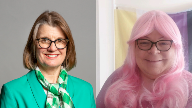 Composite of a woman in a green suit and brown hair with glasses and another woman with pink hair and black glasses