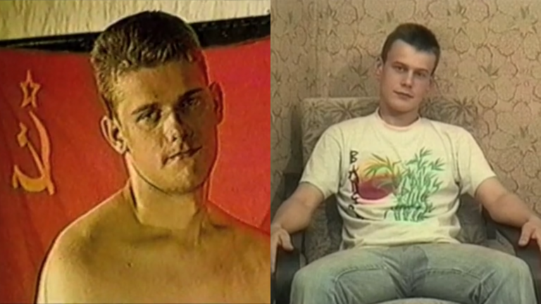 Composite of a young man standing shirtless in front of a communism flag and another man sitting in a chair wearing a white T-shirt and blue jeans