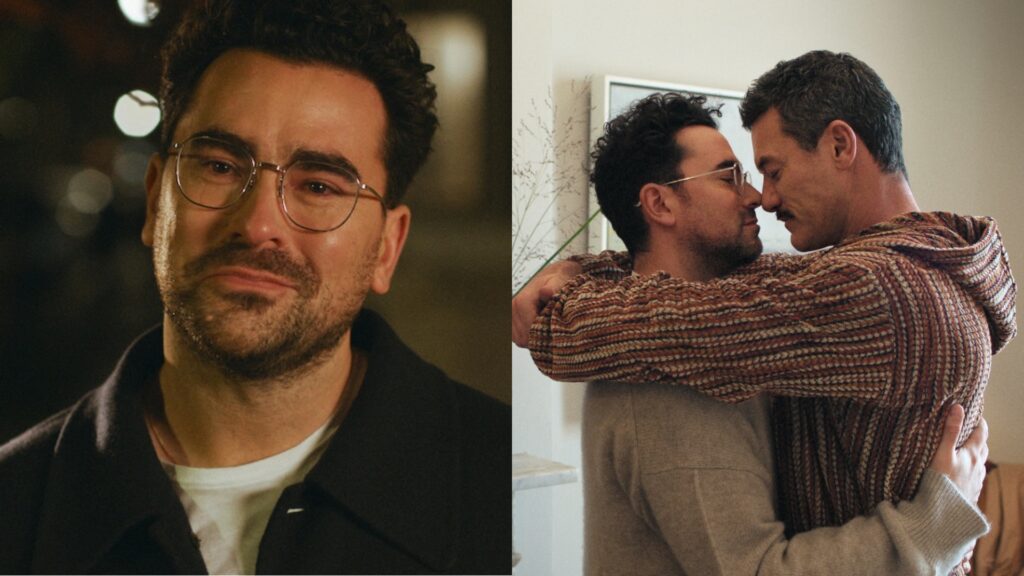 Dan Levy in God Grief, and right, with co-star Luke Evans (Images: Netflix)