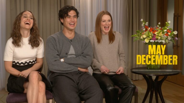 May December stars Natalie Portman, Charles Melton and Julianne Moore speaking to Attitude (Image: Attitude)