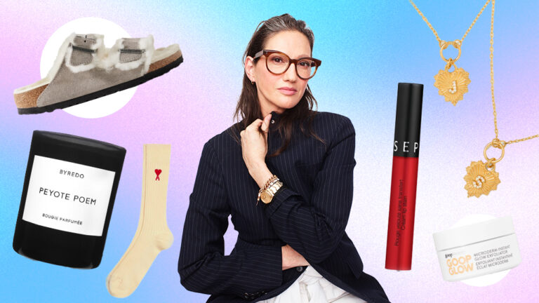 Stylised image of Jenna Lyons with a selection of beauty products