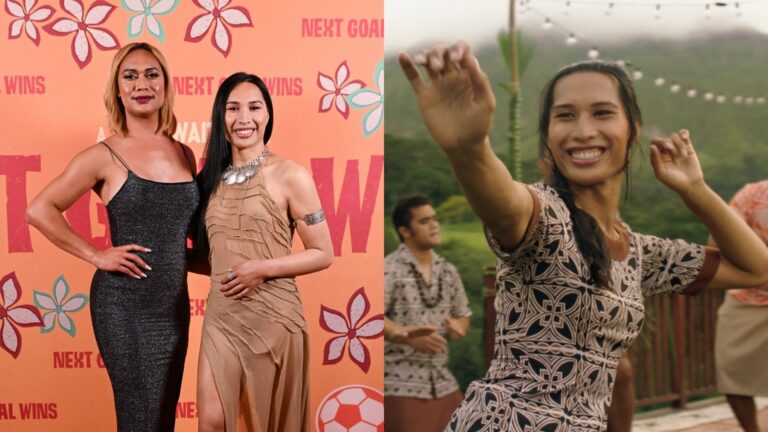 Jaiyah Saelua and Kaimana pose together on the red carpet, and right, Jaiyah Saelua as Kaimana in Next Goal Wins (Images: Provided)