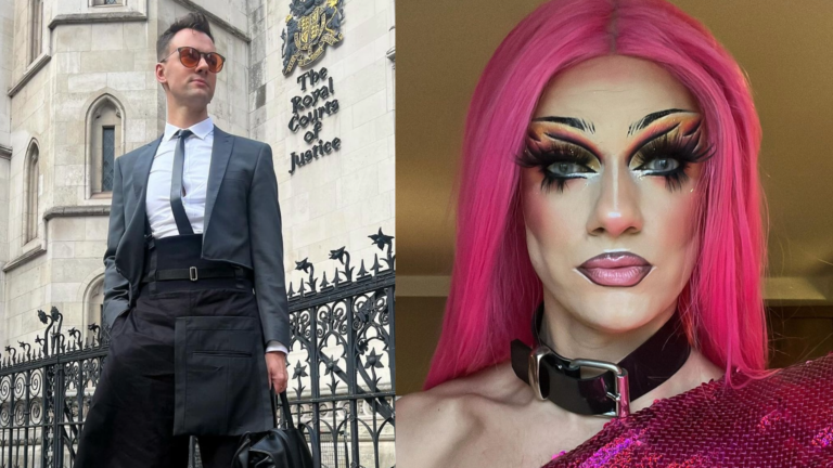 Composite of Crystal from Drag Race out of drag standing outside the High Court and another in drag with a close-up of her face