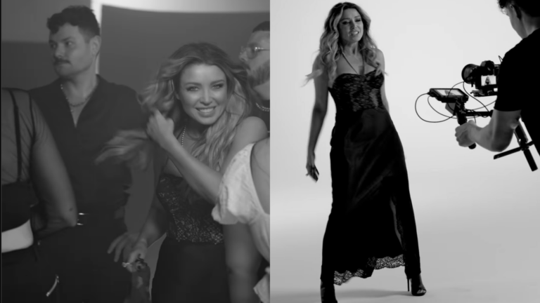 Composite of black and white images of Dannii Minogue in a video for her song Thinking 'bout Us