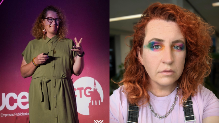 Composite of Jamie June Hill, a person with curly red hair and colourful makeup