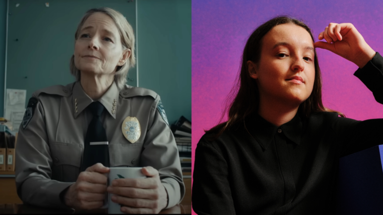 Composite of Jodie Foster in a police officer uniform and Bella Ramsey in all black