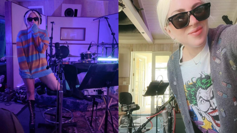 Composite of Lady Gaga in a recording studio wearing black sunglasses
