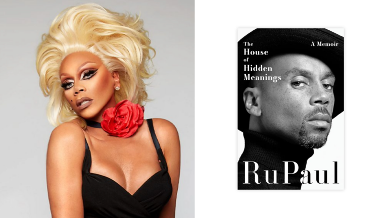 Composite of RuPaul in drag and of his book cover