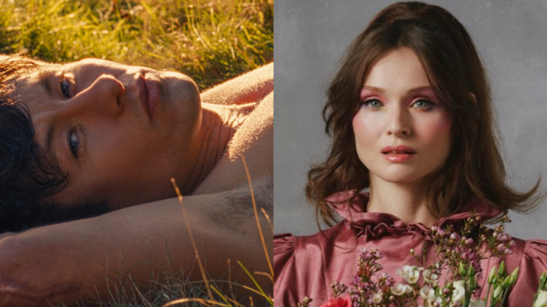 Composite image of a shirtless man lying on grass and the singer Sophie Ellis-Bextor wearing a pink dress