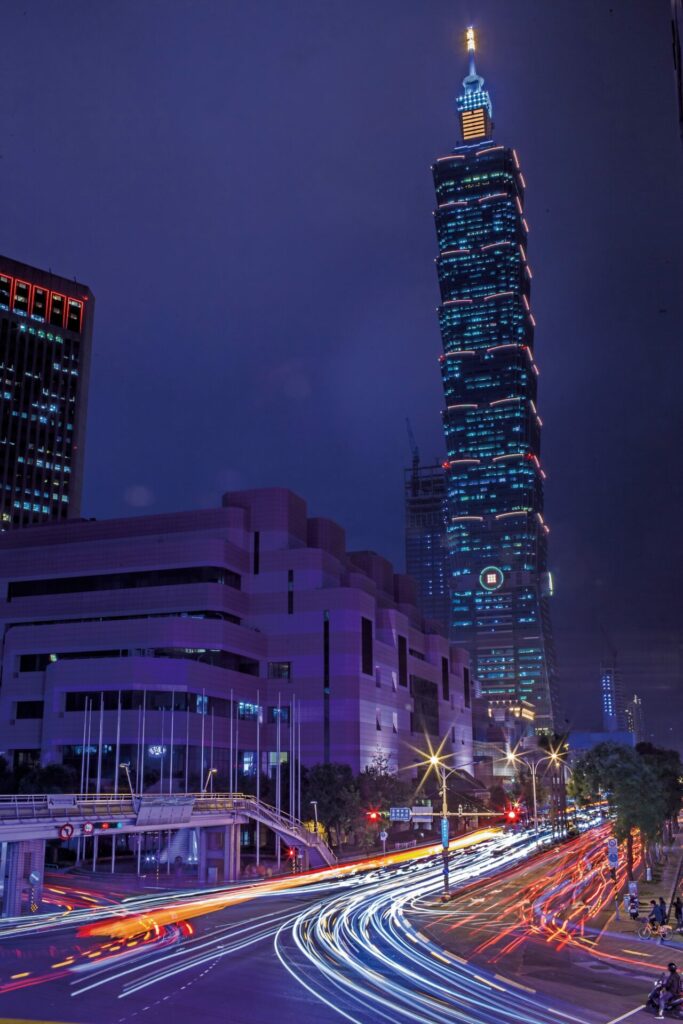 Wide shot of the Taipei 101 tower at night