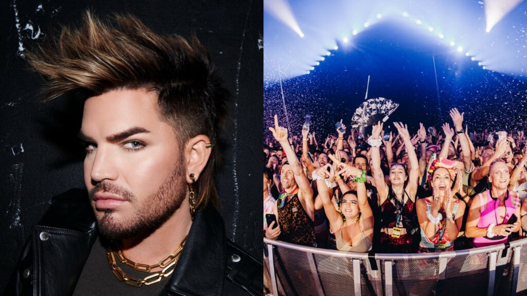 A headshot of Adam Lambert on the left, and a crowd pic of Mardi Gras on the right
