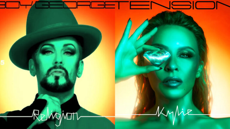Composite of Boy George's Religion artwork and Kylie Mingoue's Tension artwork