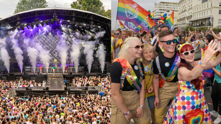 Composite of Brighton Pride main stage and crowds in the Brighton Pride Parade