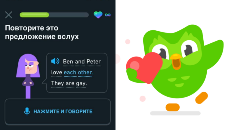 Composite of Duolingo screenshot and the Duolingo green bird mascat