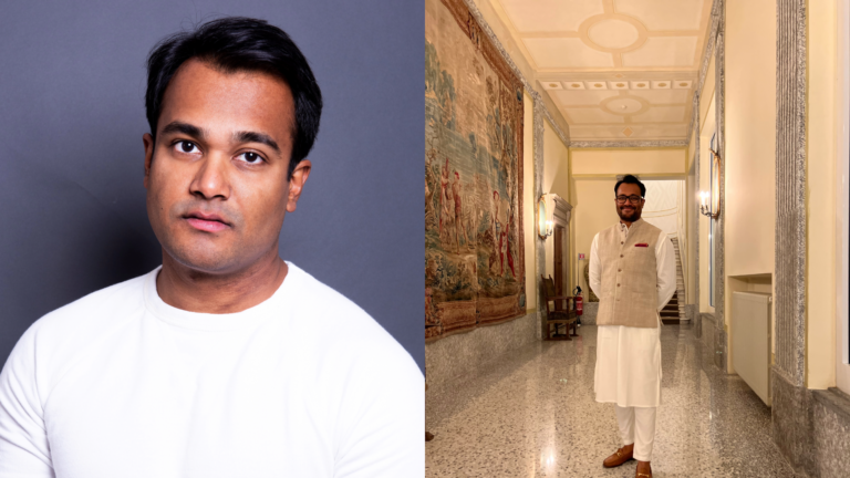 Composite of Krishna Omkar looking into the camera and another shot of him wearing India clothing in a marbled corridor