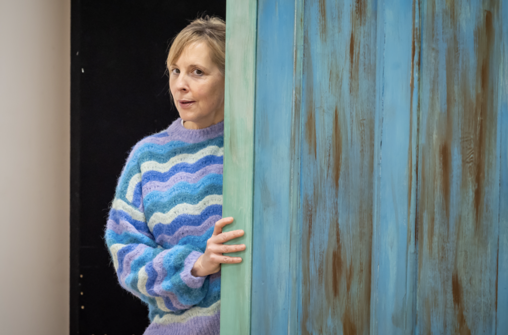Mel Giedroyc in a striped jumper rehearsing for Starter For 10 (Image: Bristol Old Vic)