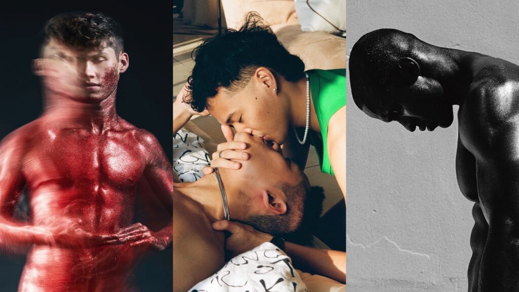 Left to right, a topless man covered in red glitter, two men kissing, and a man looking down