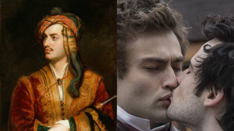 A painting of Lord Byron, and right, Douglas Booth as Percy Shelley and Tom Sturridge as Lord Byron in the 2017 film Shelley