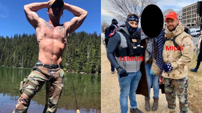 A topless picture of Steven Miles from his Instagram, and right, on the day of the riots with two other attendees (Images: Instagram/@real_sgtmiles/justice.gov)