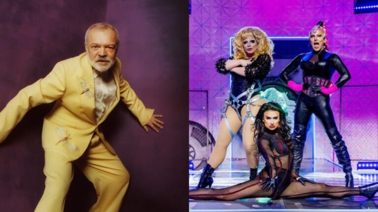 Graham Norton in the new issue of Attitude, and some of the cast of Drag Race UK in 2023 (Images: Attitude/BBC)