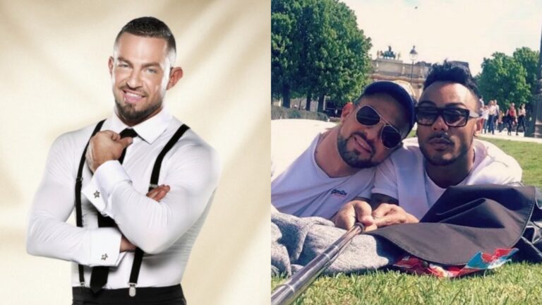 Robin Windsor in a promo shot for Strictly, and right, in a park with boyfriend Marcus Collins (Images: BBC/Instagram)