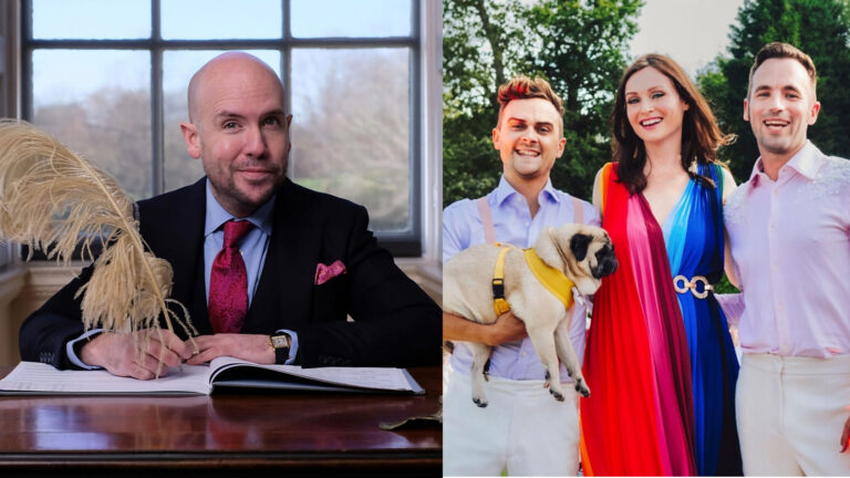 Composite of Tom Allen and Sophie Ellis-Bextor with a married gay couple