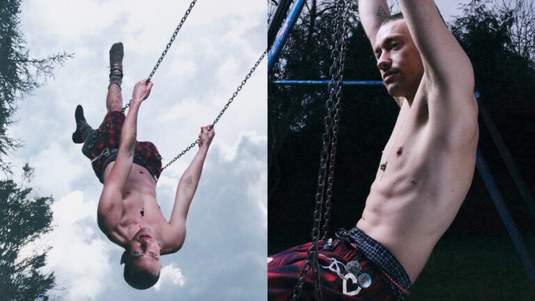 Two pictures of Olly Alexander topless on a swing set