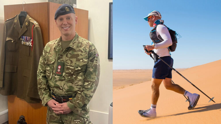 Composite of Rob Rinder in army fatigues and running in the desert