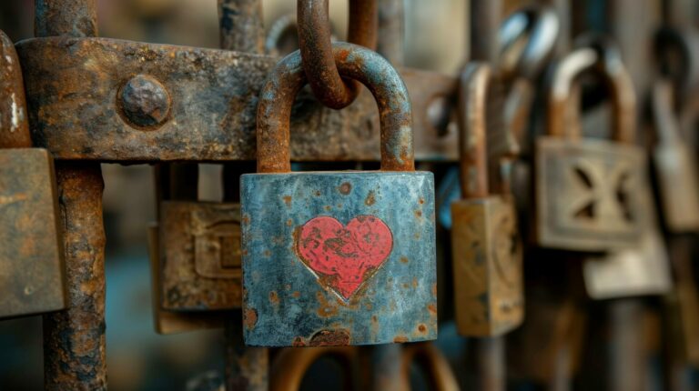 Image of a padlock with a heart on it locking a prison cell