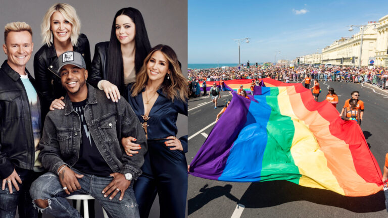 Composite of S Club and Brighton Pride attendees carrying a rainbow flag in the streets