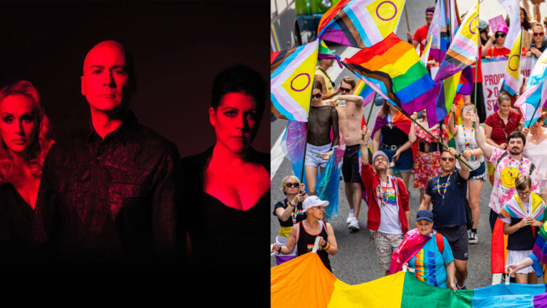 Composite of the human league and crowds of people at bristol pride