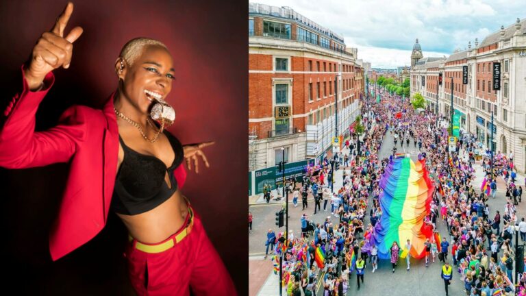 Composite of Sonique and a view of Leeds Pride with a Pride flag being taken through a busy street among crowds