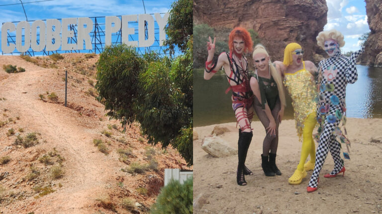 Composite of the Coober Pedy sign and four drag queens by a watering hole