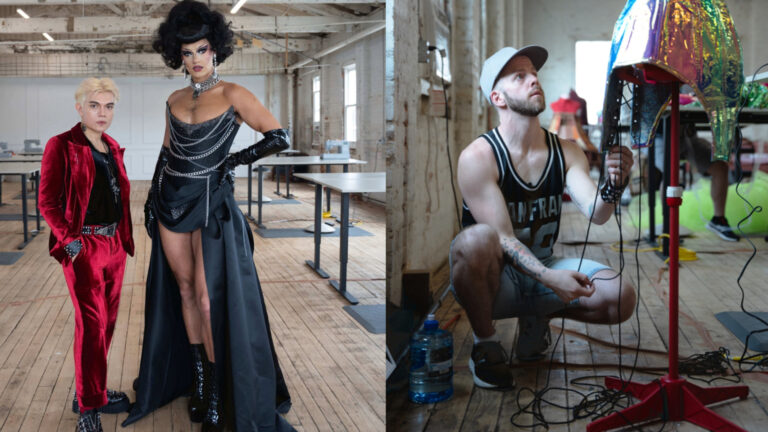 Composite of drag star Crystal and Jaime Lujan alongside a contestant on Sew Fierce making adjustments to a mannequin