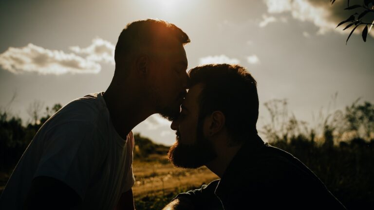 Two men silhouetted, kissing in a field - posed by models