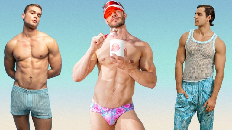 Stylised composite of three men wearing swimwear