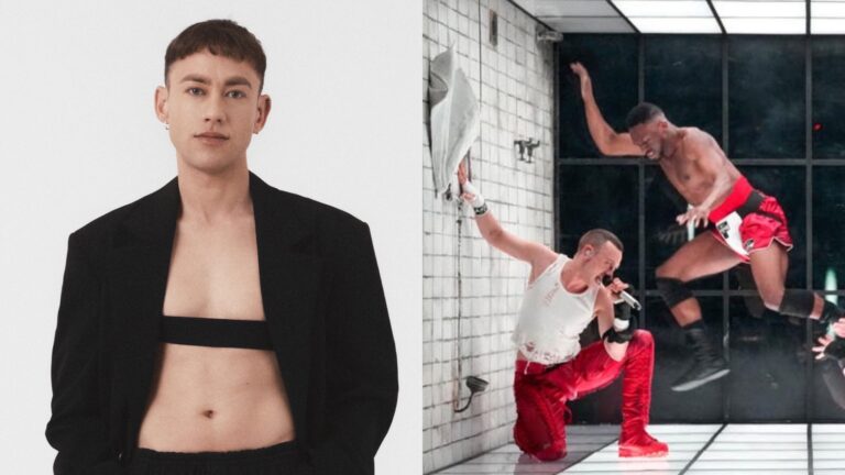 A portrait of Olly Alexander, and right, him performing for the Eurovision Semifinals