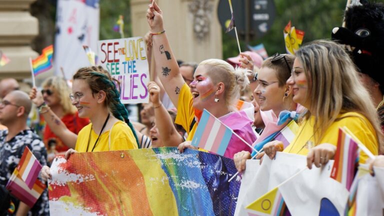 A Pride-goers in a street with rainbow and trans flags