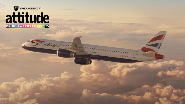 A British Airways plane flying through the clouds in front of a PEUGEOT Attitude Pride Awards Europe logo