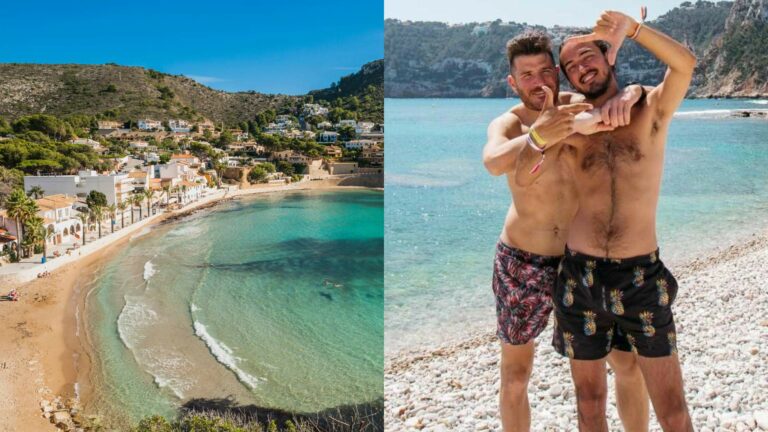 A split image showing a scenic view of a curved bay in Jávea with turquoise waters and hillside houses, alongside a photo of two men smiling and posing on El Portitxol beach.