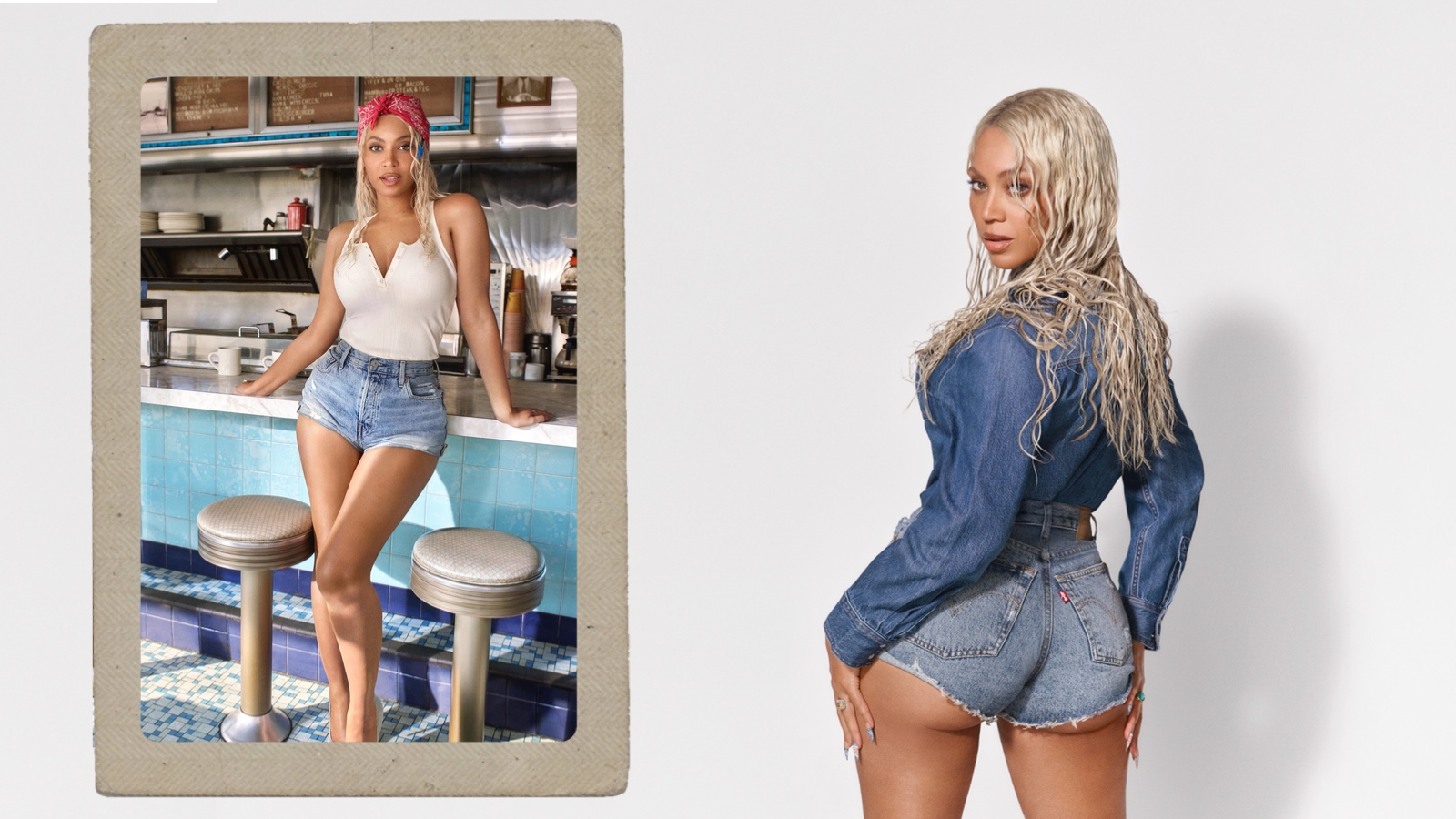 Beyoncé features in Chapter 3 of the REIIMAGINE campaign, Refrigerator. Photo on the left, see her posing in a diner with cut out denim shorts, white tank and red bandana. Photo on thr right shows her posing from behind with denim long sleeve shirt and denim short shorts.